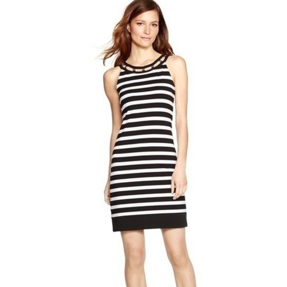 White House Black Market Studded Neckline Striped Sheath Dress Black White Small